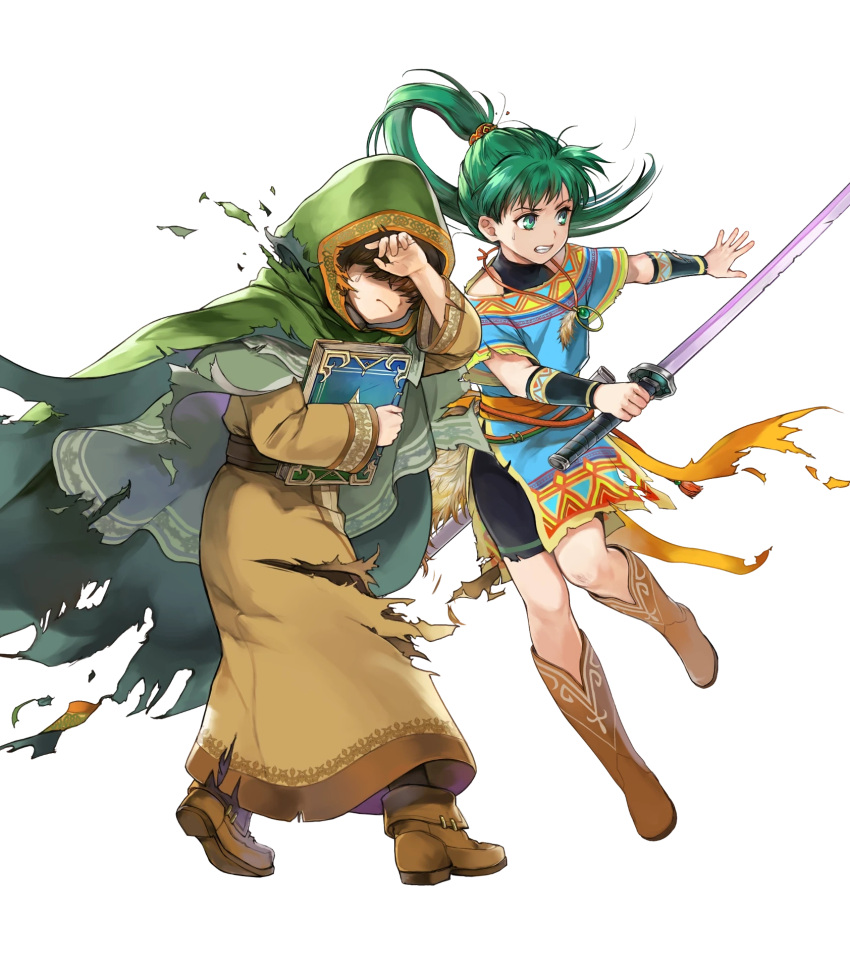 1boy 1girl belt book boots brown_hair child dress female_child fire_emblem fire_emblem:_the_blazing_blade fire_emblem_heroes full_body green_eyes grey_hair hair_between_eyes high_ponytail highres hood jewelry knee_boots long_hair lyn_(fire_emblem) male_child mark_(fire_emblem:_the_blazing_blade) necklace non-web_source official_art ponytail shoes short_dress short_hair short_sleeves shorts sword transparent_background turtleneck vambraces wada_sachiko weapon