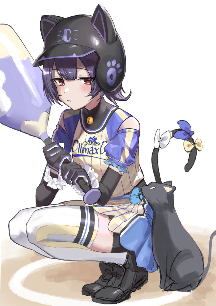 1girl animal_ears arm_guards bare_shoulders baseball_bat baseball_cap baseball_uniform bell bike_shorts black_gloves black_hair blue_ribbon blush cat cat_ears cat_tail closed_mouth elbow_gloves fake_animal_ears fake_tail gloves haruyuki_(gffewuoutgblubh) hat highres holding holding_baseball_bat idolmaster idolmaster_shiny_colors looking_at_another morino_rinze neck_bell red_eyes ribbon scrunchie shoes short_hair simple_background sneakers solo sportswear squatting tail thigh-highs white_background white_ribbon white_thighhighs yellow_ribbon