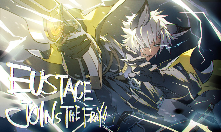 1boy animal_ears black_gloves black_shirt character_name clenched_teeth electricity english_text erune eustace_(granblue_fantasy) eyepatch gloves granblue_fantasy granblue_fantasy_versus gun hair_over_one_eye holding holding_weapon male_focus minaba_hideo official_art one_eye_covered shirt short_hair solo teeth upper_body weapon white_hair