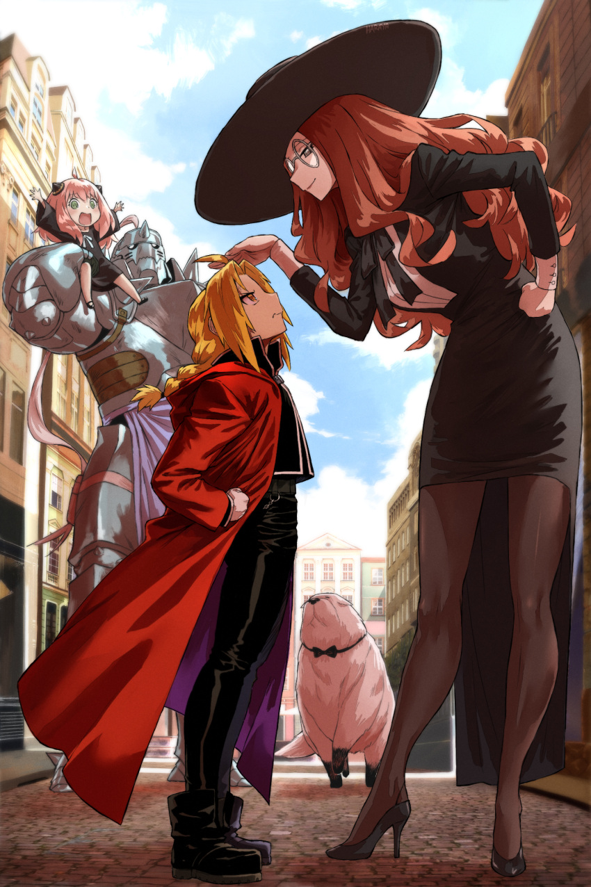 ahoge alphonse_elric animal anya_(spy_x_family) armor black_dress blonde_hair blue_sky bond_(spy_x_family) braid braided_ponytail brown_hair brown_pantyhose child clouds coat crossover day dog dress edward_elric female_child full_body fullmetal_alchemist glasses haraya_manawari hat height_difference helmet high_heels highres long_hair looking_at_another looking_down looking_up outdoors pantyhose pink_hair plume red_coat sitting_on_shoulder sky spy_x_family sun_hat sylvia_sherwood tall_female