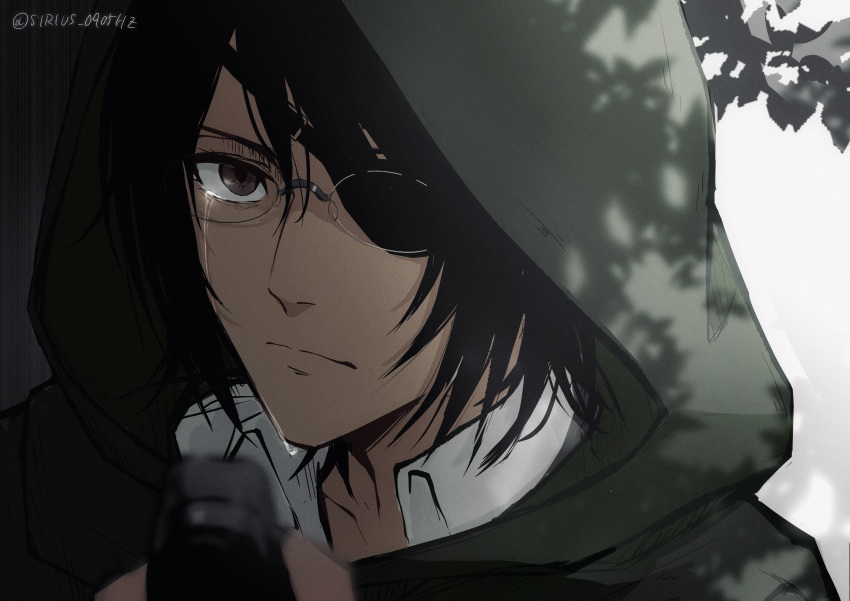 1other absurdres black_hair blurry branch brown_eyes cloak commentary_request crying depth_of_field eyepatch frown glasses green_cloak green_hood hange_zoe highres hood portrait shingeki_no_kyojin sirius_0905hz solo streaming_tears tears tree_shade