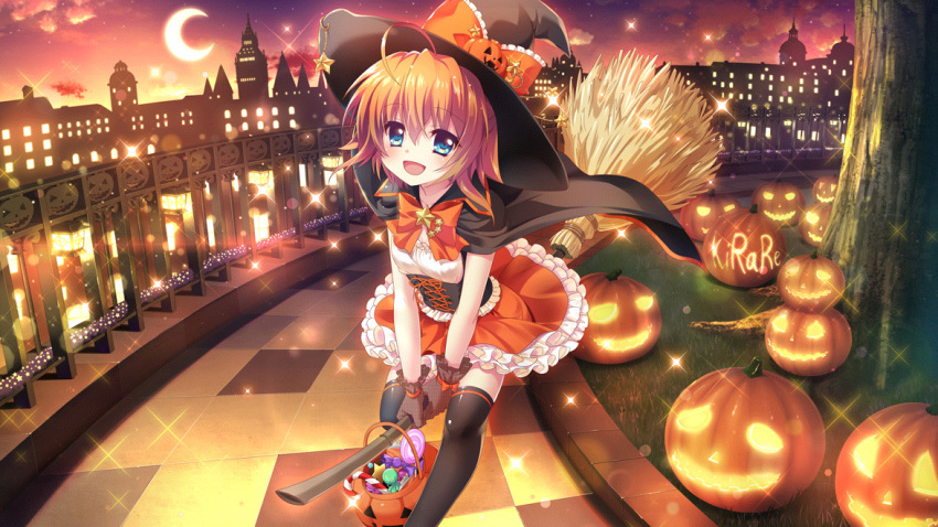 1girl ahoge black_cape black_corset black_thighhighs blue_eyes bow breasts broom broom_riding candy cape cityscape clouds corset crescent_moon cross-laced_clothes dot_nose dress evening fence film_grain food frilled_bow frilled_shirt frills game_cg grass hair_ornament halloween halloween_costume hat izumi_tsubasu jack-o'-lantern jack-o'-lantern_hair_ornament lantern light_brown_hair looking_at_viewer moon non-web_source official_art open_mouth orange_bow orange_skirt re:stage! shikimiya_mana shirt short_dress silhouette skirt sky small_breasts smile solo sparkle star_(sky) star_(symbol) thigh-highs tile_floor tiles tree white_dress witch_hat zettai_ryouiki
