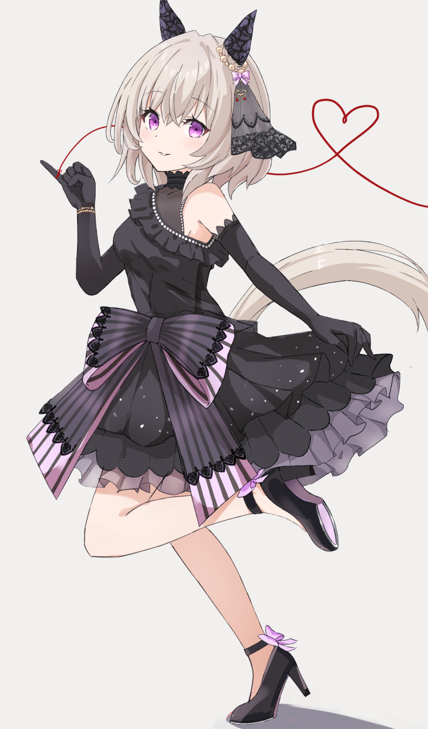 1girl animal_ears black_dress black_footwear black_gloves blush bow breasts curren_chan_(sakutsuki_ma_cherie)_(umamusume) curren_chan_(umamusume) dress dress_bow ear_covers elbow_gloves full_body gloves grey_background grey_hair heart heart_of_string high_heels highres horse_ears horse_girl horse_tail looking_at_viewer musicccc pinky_out shadow short_hair simple_background single_bare_shoulder sleeveless sleeveless_dress small_breasts smile solo standing standing_on_one_leg strappy_heels string string_around_finger string_of_fate tail the_promised_time:_silks_&amp;_three_riddles_(umamusume) umamusume violet_eyes