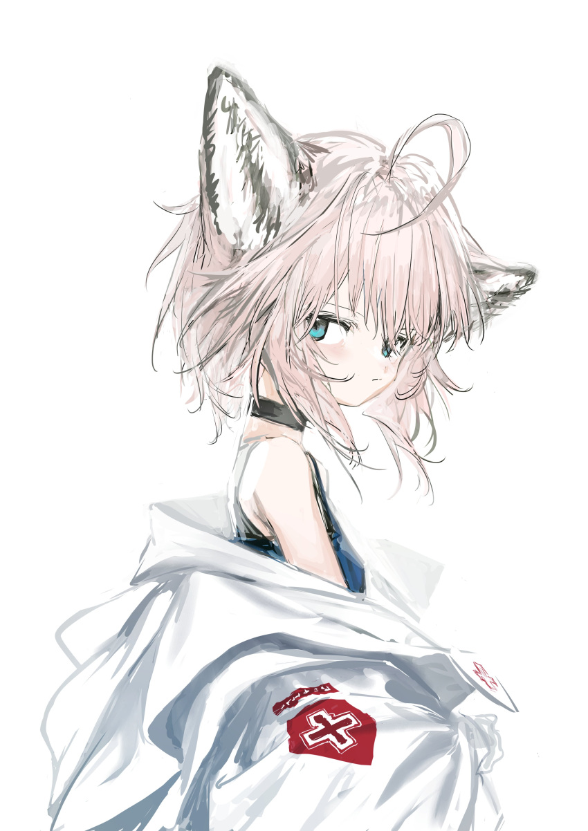 1girl absurdres ahoge animal_ears arknights bare_shoulders black_choker blue_eyes blue_shirt choker closed_mouth coat coat_partially_removed commentary cross fox_ears fox_girl from_side highres light_blush looking_at_viewer looking_to_the_side messy_hair pink_hair profile red_cross shirt short_hair simple_background spaghetti_strap sussurro_(arknights) white_background white_coat yamori_no_o
