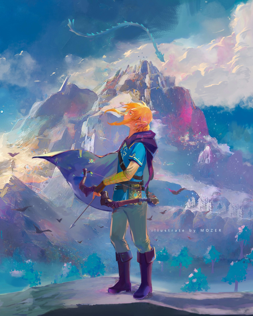 1boy absurdres bird blue_sky blue_tunic bow_(weapon) clouds earrings highres holding holding_bow_(weapon) holding_weapon jewelry light_brown_hair link mountain mozer_(zerlinda) nature naydra pointy_ears scenery sheikah_slate short_ponytail sidelocks sky the_legend_of_zelda the_legend_of_zelda:_breath_of_the_wild tree weapon