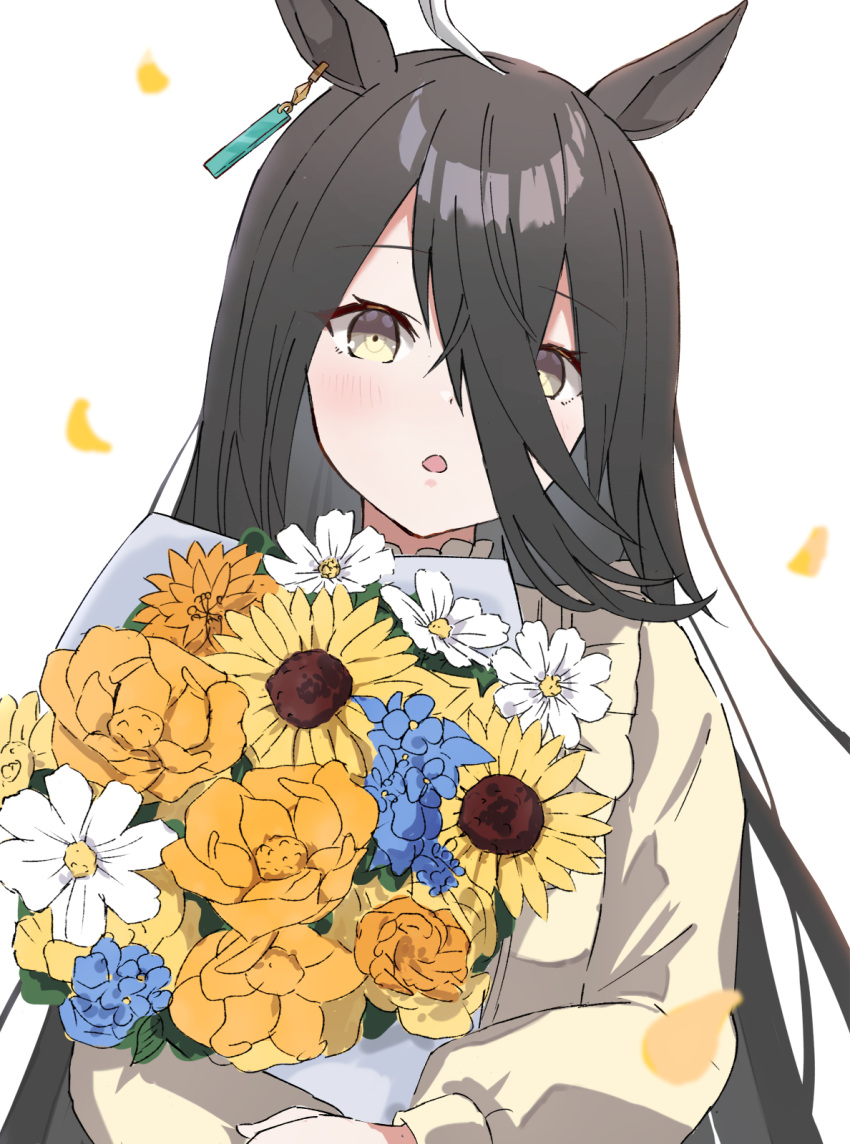 1girl :o ahoge animal_ears black_hair blush bouquet earrings english_commentary flower hair_between_eyes highres holding holding_bouquet horse_ears jewelry long_hair long_sleeves looking_at_viewer manhattan_cafe_(umamusume) musicccc petals shirt single_earring solo sunflower umamusume upper_body white_background yellow_eyes yellow_shirt