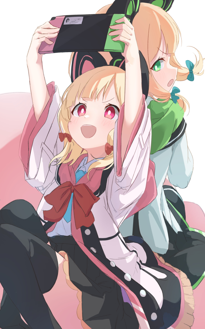 2girls :d :o absurdres animal_ear_headphones animal_ears arms_up blonde_hair blue_archive blue_necktie blunt_bangs bow bright_pupils cat_ear_headphones collared_shirt commentary_request fake_animal_ears green_eyes hair_bow hair_ribbon halo handheld_game_console headphones highres holding holding_handheld_game_console hood hooded_jacket jacket long_sleeves looking_at_another midori_(blue_archive) momoi_(blue_archive) multicolored_clothes multicolored_jacket multiple_girls necktie nintendo_switch parted_bangs pink_eyes playing_games pleated_skirt red_eyes ribbon school_uniform shirt short_hair shorts siblings sidelocks simple_background sisters skirt smile thigh-highs tress_ribbon twins wep16night white_background white_jacket wide_sleeves