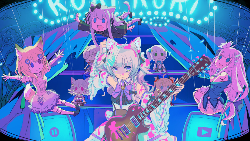 1boy animal_ear_fluff animal_ears arm_up bare_shoulders bell_sleeves black_bow black_jabot bow bowtie braid brooch collared_dress curtains detached_sleeves dress electric_guitar frilled_sleeves frills guitar hair_bow hair_ornament highres hizuki_miu holding holding_instrument instrument instrument_request irisu_mia jabot jewelry juliet_sleeves kogure_piyoko kokoro_ichiru komori_aina light_purple_hair long_hair long_sleeves marionette mashiro_yuyu mitsurugi_lia monitor multicolored_eyes music neon_lights neon_palette otoko_no_ko paint paint_on_body paint_on_clothes puffy_sleeves puppet puppet_strings purple_bow purple_bowtie roki_(vocaloid) ru_roiroiro shaded_face shelf single_braid sleeveless sleeveless_dress smile solo song_name stage target torn_curtains tsukito_hana two_side_up v-shaped_eyebrows virtual_youtuber wactor_production white_dress wolf_boy wolf_brooch wolf_ears yellow_eyes