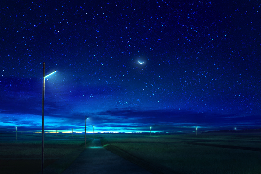 blue_theme clouds commentary_request crescent_moon dark field grass lamppost light mks moon night night_sky no_humans original outdoors revision road scenery sky star_(sky) starry_sky
