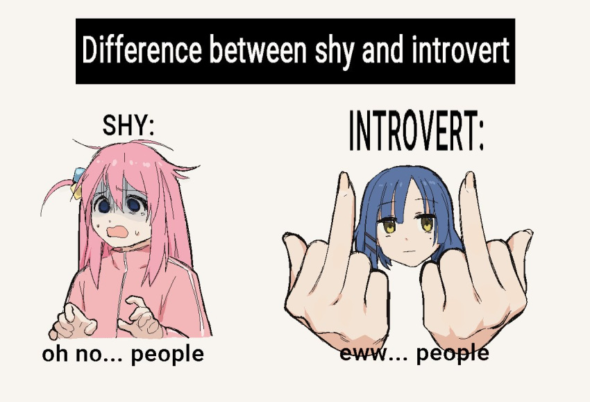 2girls asymmetrical_sidelocks blue_eyes blue_hair bocchi_the_rock! comparison cube_hair_ornament dide6an difference_between_shy_and_introvert_(meme) double_middle_finger english_text gotou_hitori hair_ornament jacket long_hair long_sleeves looking_at_viewer meme middle_finger mole mole_under_eye multiple_girls one_side_up open_mouth pink_hair pink_jacket pink_track_suit short_hair shy side_ponytail simple_background yamada_ryou yellow_eyes