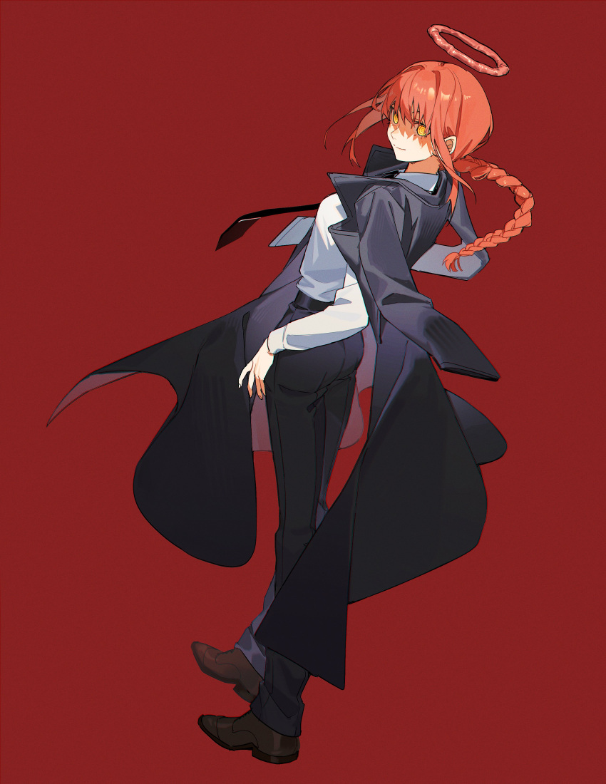 1girl absurdres black_coat black_necktie black_pants braid braided_ponytail chainsaw_man coat coat_on_shoulders collared_shirt commentary floating_hair floating_necktie highres kkaags looking_at_viewer looking_back makima_(chainsaw_man) medium_hair necktie pants red_background redhead ringed_eyes shirt shirt_tucked_in sidelocks simple_background smile solo symbol-only_commentary white_shirt yellow_eyes
