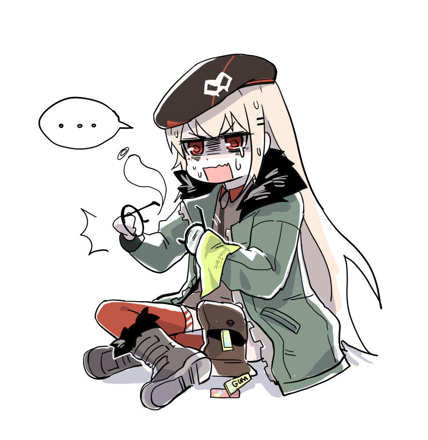 ... ^^^ absurdres beret blonde_hair boots broken_eyewear brown_bag brown_footwear brown_shirt chewing_gum commentary crossed_legs dbeod128 eyewear_removed full_body fur-trimmed_jacket fur_trim girls_frontline giving_up_the_ghost green_jacket hair_ornament hairclip half-closed_eyes hat highres holding holding_cloth holding_eyewear jacket korean_commentary korean_text long_hair mod3_(girls'_frontline) open_mouth pouch red_eyes red_thighhighs round_eyewear shirt simple_background sitting sketch skull_ornament spoken_ellipsis sweat sweating_profusely tears thigh-highs translation_request turn_pale type_80_(girls'_frontline) very_long_hair wavy_mouth white_background