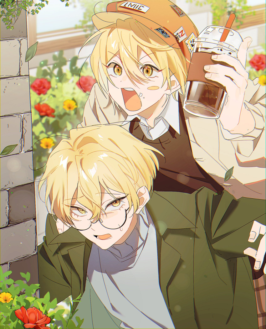 1boy 1girl blonde_hair brown_headwear brown_jacket brown_sweater_vest bush collared_shirt commentary_request cup day disposable_cup don_quixote_(limbus_company) drop_ew flower food food_on_face glasses green_jacket grey_sweater hair_between_eyes hat hat_pin highres holding holding_cup jacket korean_commentary limbus_company long_sleeves open_clothes open_jacket open_mouth outdoors project_moon red_flower shirt short_hair sinclair_(limbus_company) sweat sweater sweater_vest teeth turtleneck turtleneck_sweater upper_teeth_only white_shirt yellow_eyes yellow_flower