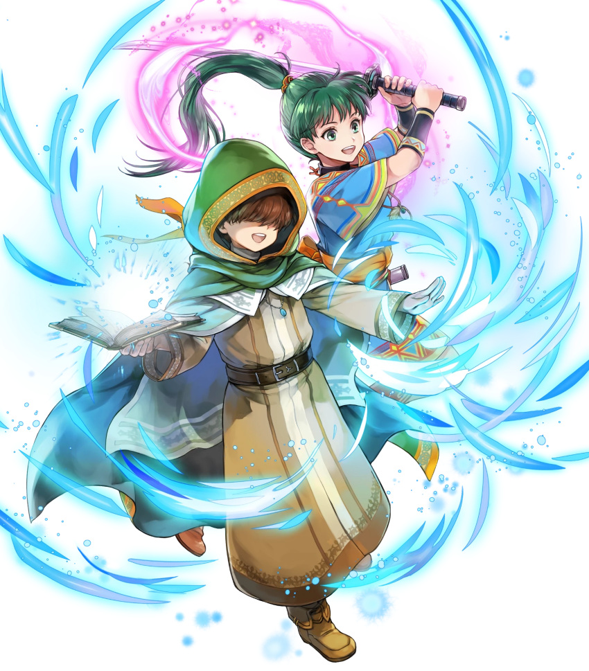 1boy 1girl belt book boots brown_hair child dress female_child fire_emblem fire_emblem:_the_blazing_blade fire_emblem_heroes full_body green_eyes grey_hair hair_between_eyes high_ponytail highres hood jewelry knee_boots long_hair lyn_(fire_emblem) male_child mark_(fire_emblem:_the_blazing_blade) necklace non-web_source official_art ponytail shoes short_dress short_hair short_sleeves shorts sword transparent_background turtleneck vambraces wada_sachiko weapon