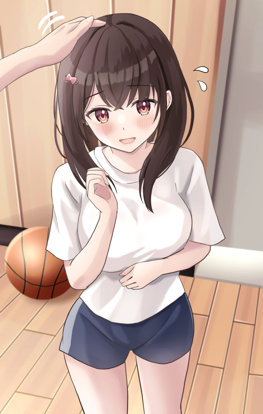1boy 1girl :d basketball blue_shorts blush bow breasts brown_hair commentary_request flying_sweatdrops gym_shirt gym_shorts gym_uniform hair_between_eyes hair_bow hair_ornament hairclip headpat highres indoors long_hair looking_at_viewer medium_breasts motion_lines original out_of_frame pink_bow red_eyes shirt short_shorts short_sleeves shorts smile solo_focus standing white_shirt wooden_floor yukimaru217