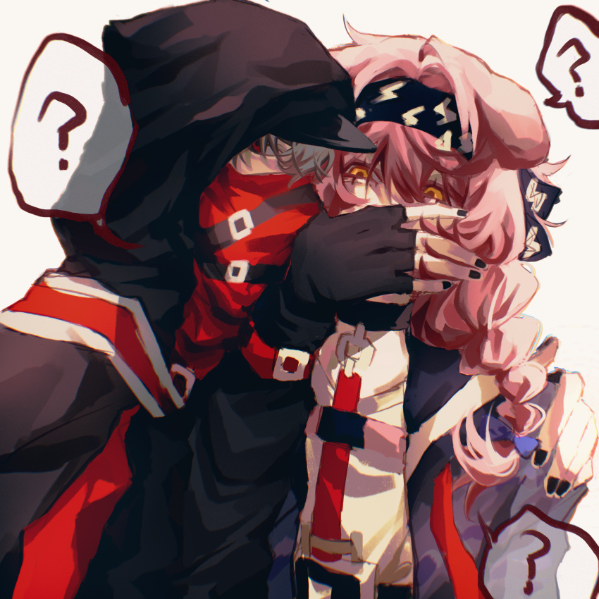 ? absurdres arknights black_hairband black_jacket black_nails blue_bow bow braid covering_another's_mouth goldenglow_(arknights) grey_background grey_hair hair_between_eyes hair_bow hairband hateful_avenger_(arknights) highres hood hood_up jacket lightning_bolt_print long_hair nail_polish open_clothes open_jacket orange_eyes pink_hair print_hairband red_(npc)_(arknights) red_eyes shirt simple_background single_braid spoken_question_mark upper_body white_shirt zuiyexiaotongxue