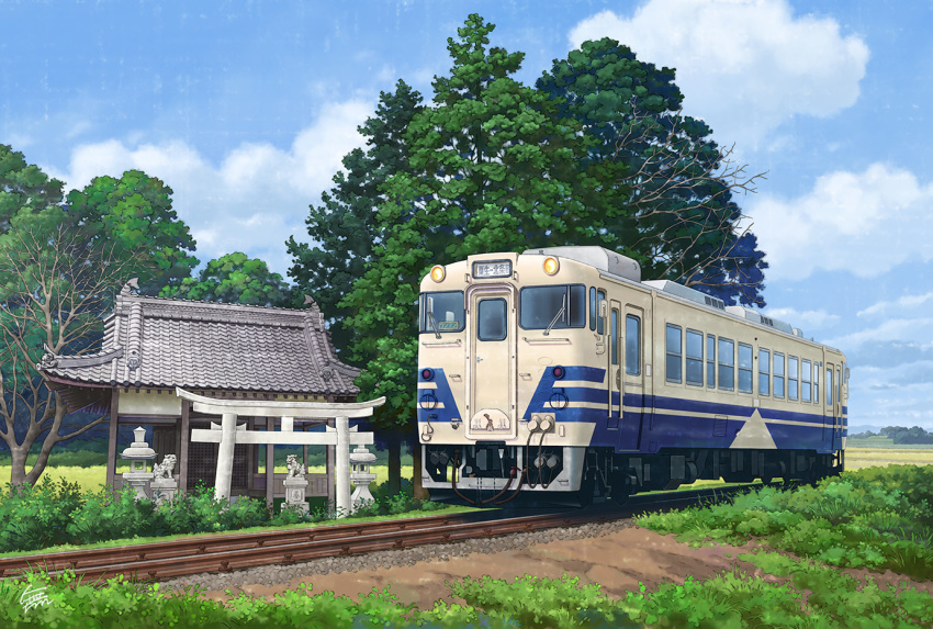 architecture bare_tree blue_sky building bush clouds commentary_request day east_asian_architecture grass ground_vehicle mugumo_24k no_humans original outdoors railroad_tracks revision scenery shrine signature sky statue torii train tree