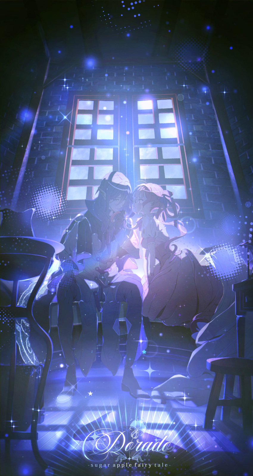 1boy 1girl absurdres ann_halford brown_eyes brown_hair crying crying_with_eyes_open dress full_body hair_ribbon hetero highres kagura_kurosaki long_hair long_sleeves looking_at_another pointy_ears purple_hair ribbon shall_fen_shall short_sleeves sugar_apple_fairy_tale tears twintails violet_eyes window
