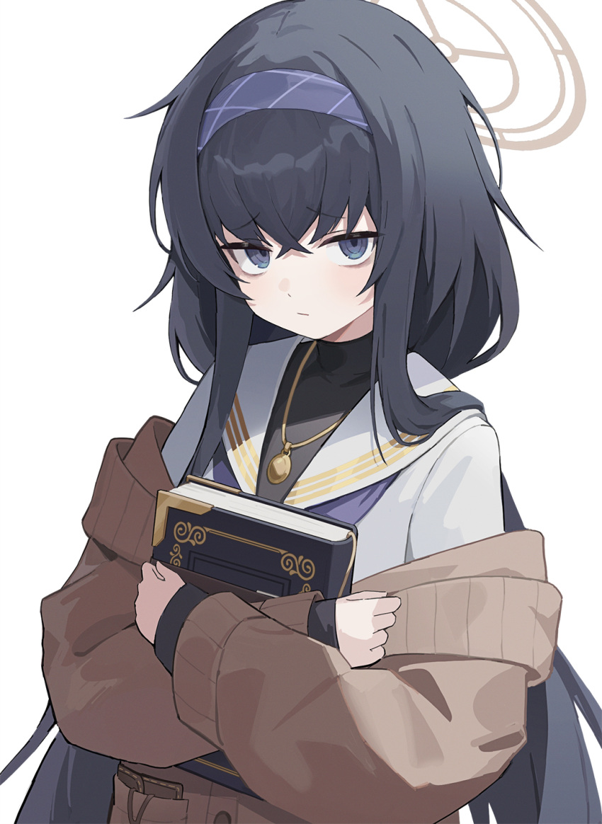 1girl bags_under_eyes black_eyes black_hair blue_archive blue_hairband book closed_mouth fuwawa_(fuwawa617) hairband halo highres holding holding_book jewelry long_hair long_sleeves looking_at_viewer necklace school_uniform simple_background solo ui_(blue_archive) upper_body white_background