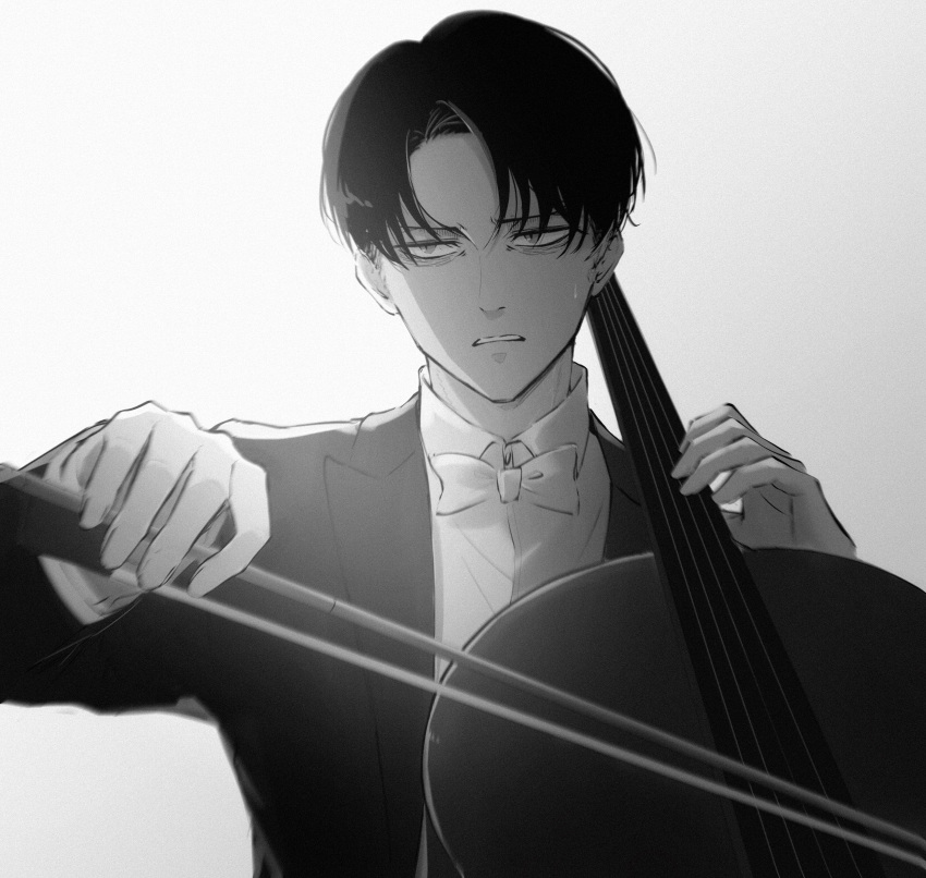 1boy absurdres bags_under_eyes bow bow_(music) bowtie commentary_request double_bass frown greyscale highres holding_bow_(music) instrument jacket levi_(shingeki_no_kyojin) male_focus monochrome music playing_instrument shingeki_no_kyojin sirius_0905hz solo sweatdrop traditional_bowtie tuxedo upper_body