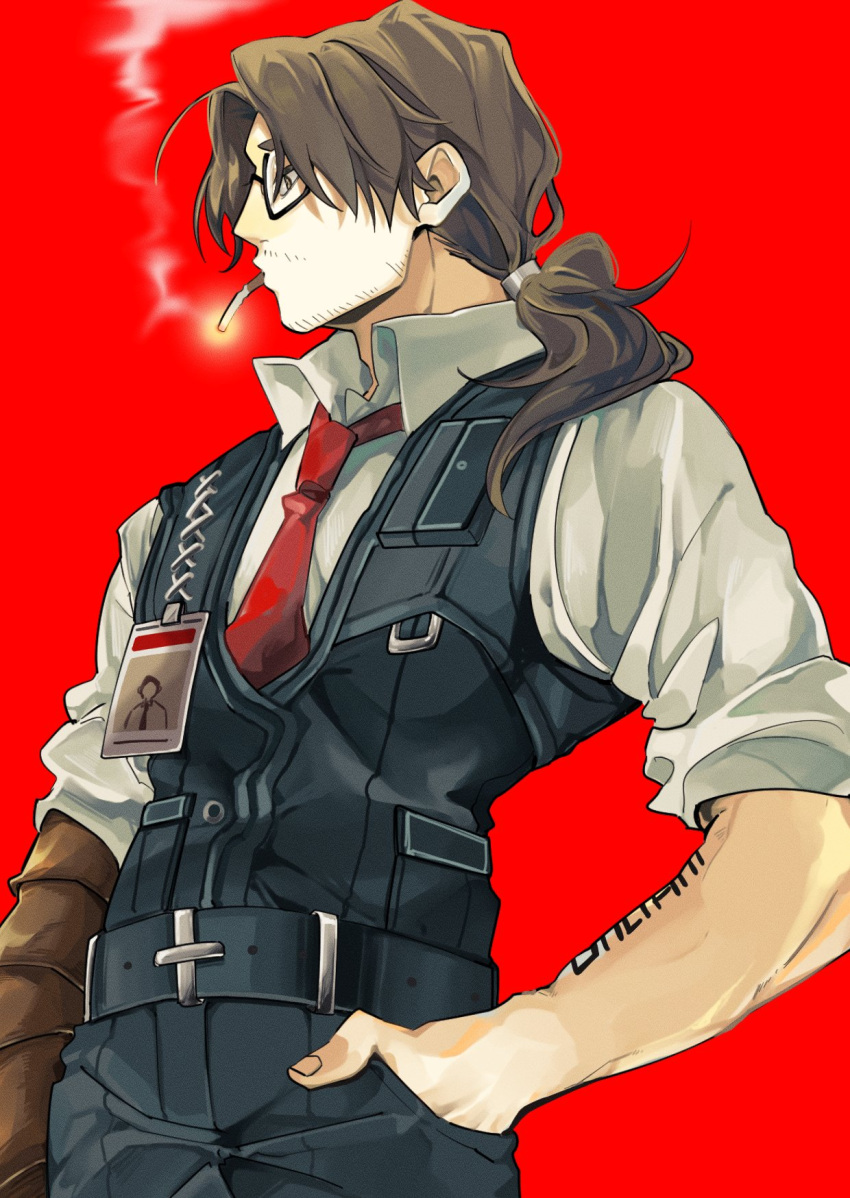 1boy arm_tattoo brown_eyes brown_hair cigarette crab_claw gregor_(limbus_company) highres id_card limbus_company looking_to_the_side necktie ponytail project_moon rectangular_eyewear red_necktie redtears_04 short_hair smoking solo_focus tattoo