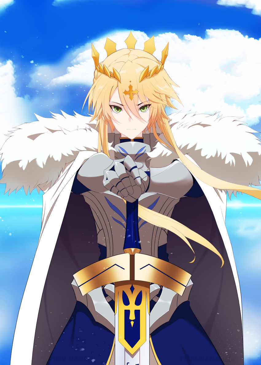 1girl absurdres armor artoria_pendragon_(fate) artoria_pendragon_(lancer)_(fate) blonde_hair blue_sky breastplate cape clouds cloudy_sky crown excalibur_(fate/stay_night) fate/grand_order fate_(series) fur-trimmed_cape fur_trim gauntlets green_eyes hair_between_eyes highres looking_at_viewer planted planted_sword sky smiling_embassies solo sword weapon white_cape