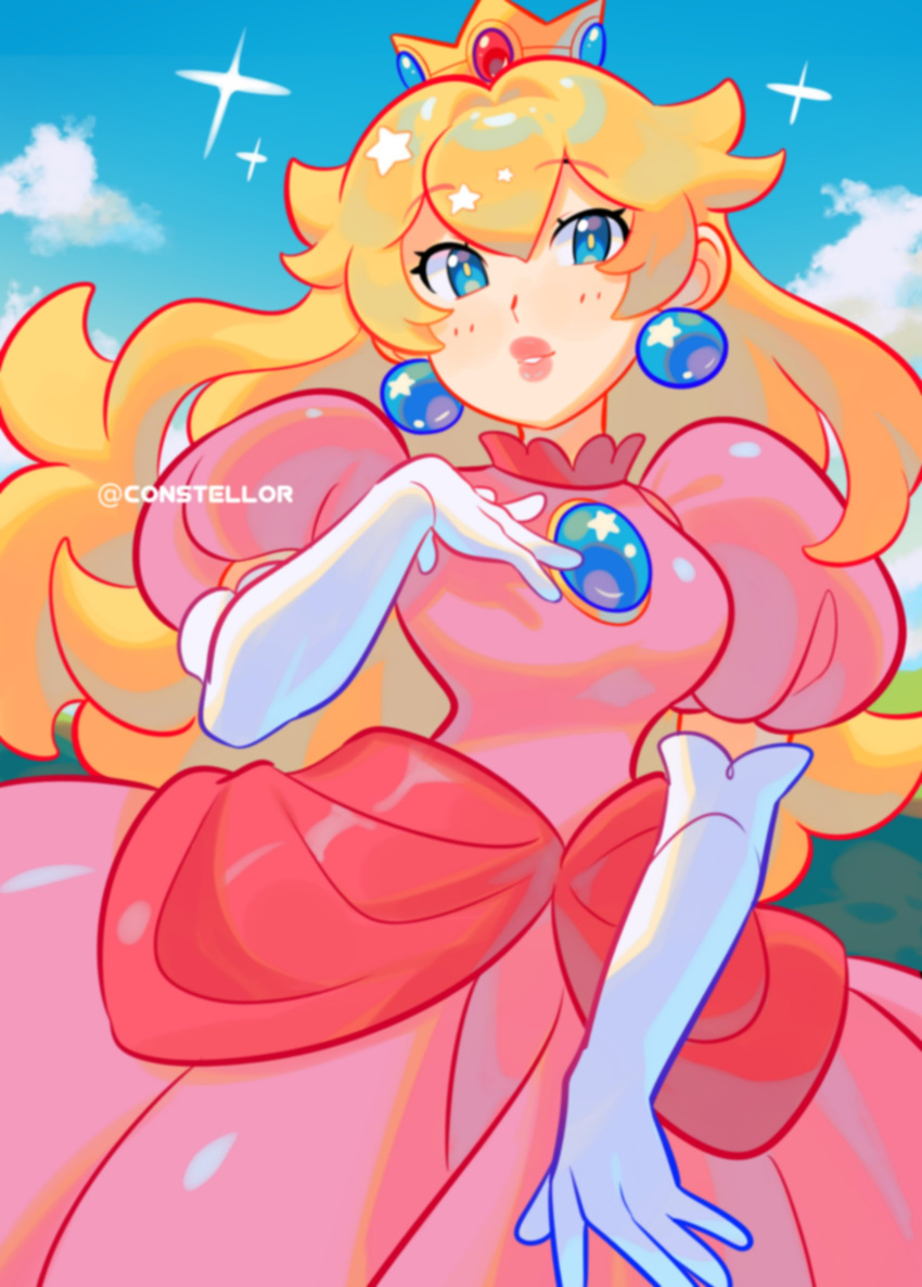 1girl absurdres artist_name blonde_hair blue_eyes blue_gemstone blue_sky blush breasts clouds cloudy_sky constellor crown day dress earrings elbow_gloves gem gloves grass hair_between_eyes hand_on_own_chest hand_up highres jewelry lips long_hair looking_at_viewer medium_breasts outdoors pink_dress princess_peach puffy_short_sleeves puffy_sleeves red_gemstone short_sleeves sky solo standing star_(symbol) super_mario_bros. teeth wavy_hair white_gloves