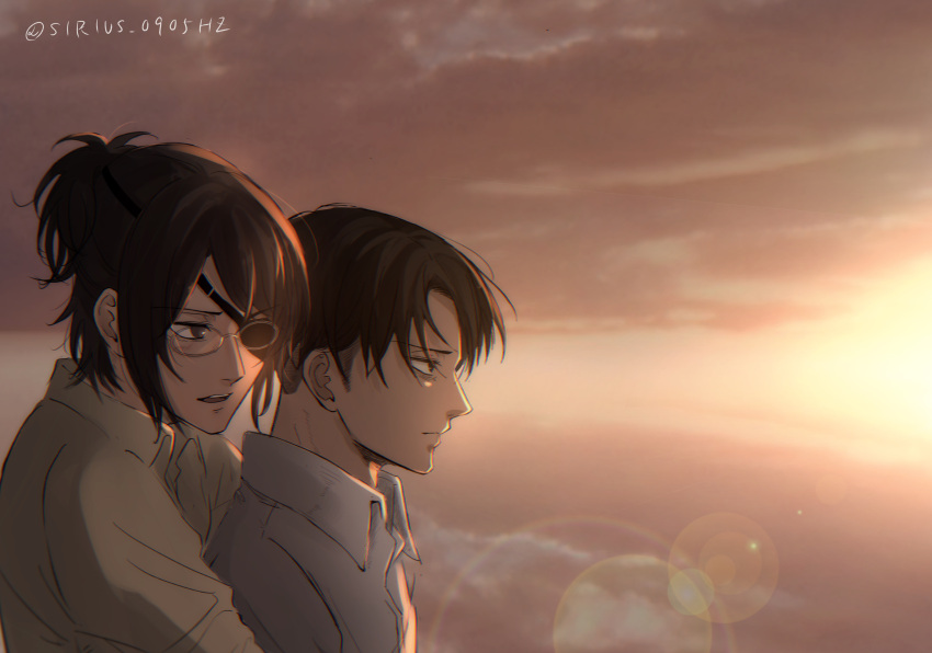 1boy 1other absurdres bags_under_eyes brown_eyes brown_hair chromatic_aberration clouds collared_shirt commentary_request eyepatch glasses hange_zoe highres lens_flare levi_(shingeki_no_kyojin) shingeki_no_kyojin shirt short_ponytail sirius_0905hz sunset twitter_username