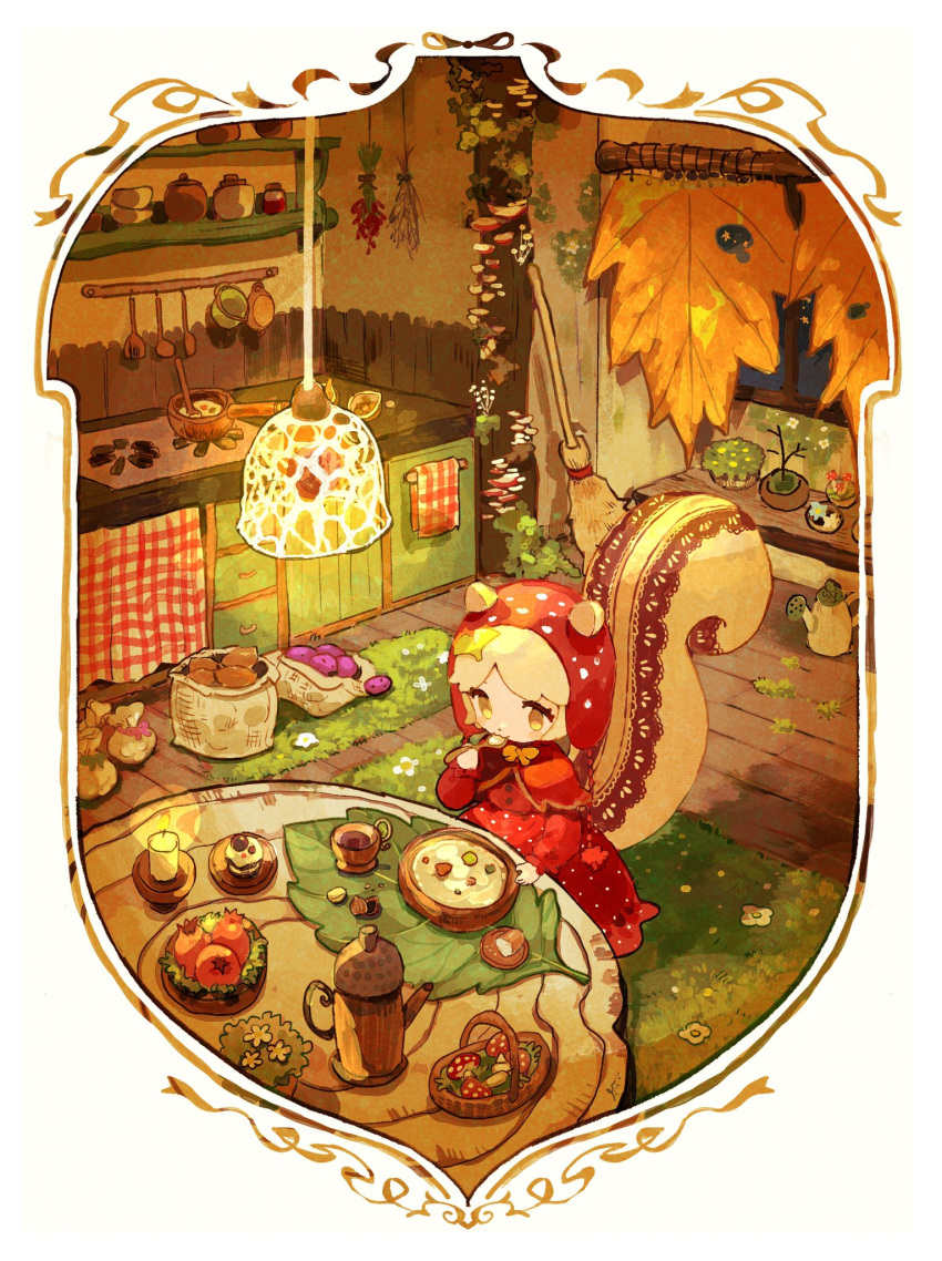 1girl acorn animal_ears basket blonde_hair bread broom candle capelet commentary_request counter cup dress eating flower food fruit hanging_light highres holding holding_spoon indoors jar kitchen leaf little_red_riding_hood little_red_riding_hood_(grimm) mushroom myu_(3u_gumi) nut_(food) original pastry plant polka_dot polka_dot_dress pomegranate red_dress red_headwear sack sitting solo spice_rack spoon squirrel_ears squirrel_girl squirrel_tail stove sweet_potato tail teacup teapot utensil_rack watering_can window wooden_floor yellow_eyes