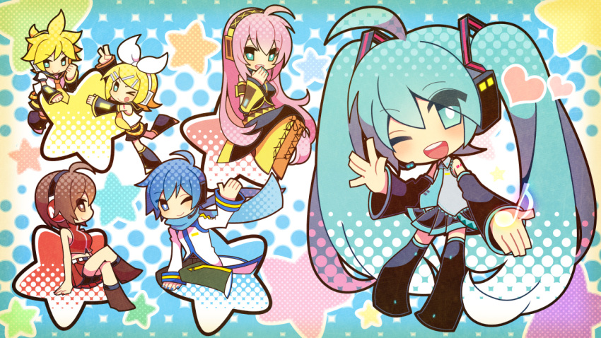 2boys 4girls ;p ahoge belt black_skirt blonde_hair blue_eyes blue_hair blue_nails blue_necktie blue_scarf boots bow bright_pupils brown_eyes brown_hair chibi coat crop_top crossed_legs detached_sleeves full_body hair_ornament hairclip hajime_(vasu) hatsune_miku headphones headset heart kagamine_len kagamine_rin kaito_(vocaloid) megurine_luka meiko_(vocaloid) miniskirt multiple_boys multiple_girls musical_note nail_polish necktie number_tattoo one_eye_closed open_mouth pants pink_hair pleated_skirt project_diva_(series) red_nails red_skirt scarf short_hair shoulder_tattoo sitting skirt smile tattoo teeth tongue tongue_out twintails upper_teeth_only v vocaloid white_bow white_coat white_pupils