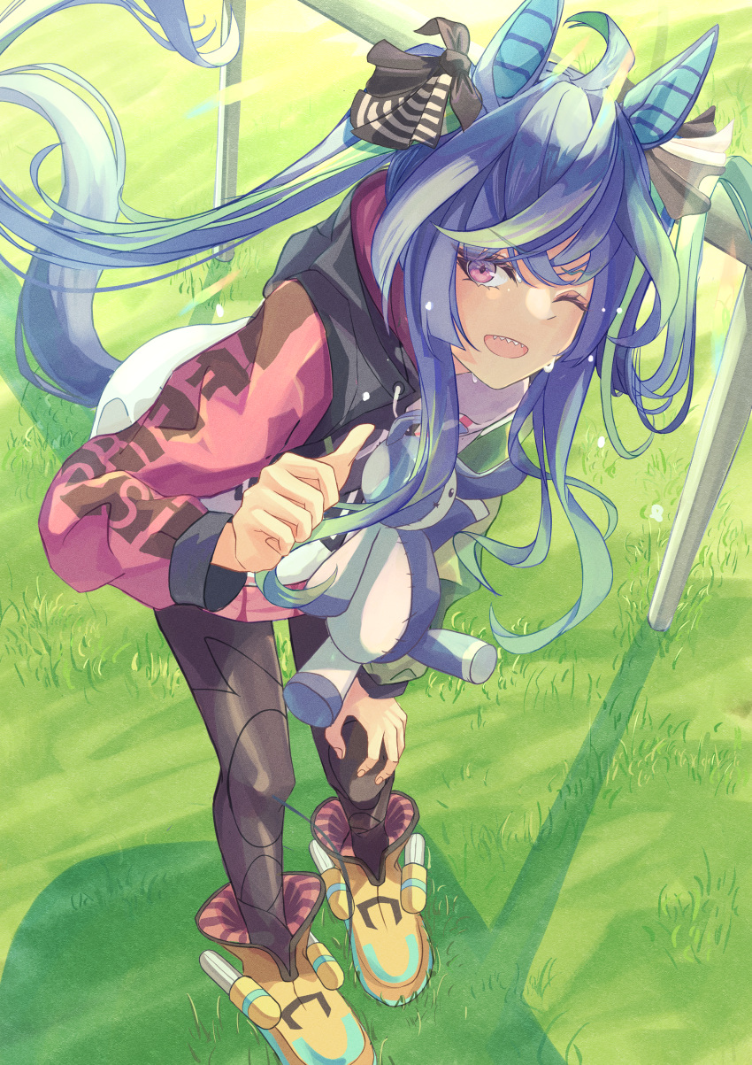 1girl absurdres ahoge animal_ears bent_over black_pantyhose blue_hair boots crossed_bangs febry grass hand_on_own_knee highres hood hood_down hoodie horse_ears horse_girl horse_tail long_hair long_sleeves one_eye_closed open_mouth outdoors pantyhose pointing pointing_at_self shadow sharp_teeth smile solo standing stuffed_animal stuffed_rabbit stuffed_toy sweat tail teeth twin_turbo_(umamusume) twintails umamusume violet_eyes yellow_footwear