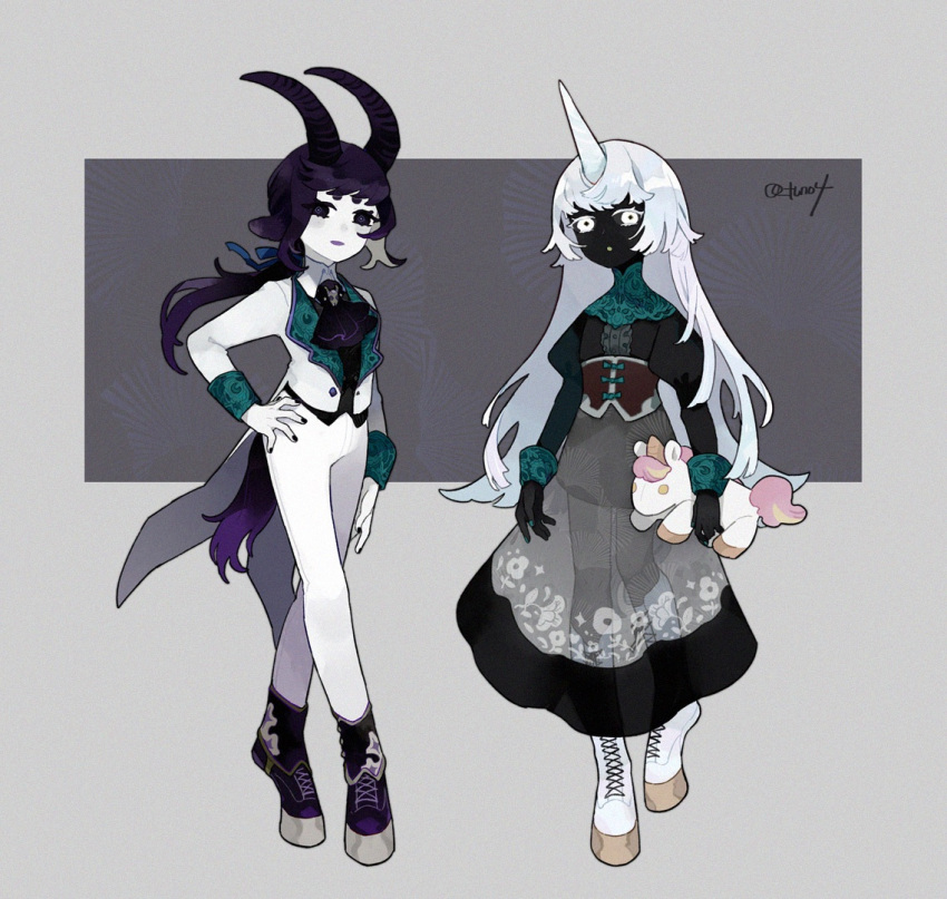 2girls :o animal_ears animal_feet artist_name ascot black_ascot black_dress black_eyes black_footwear black_nails black_sclera black_skin black_vest collared_jacket colored_eyelashes colored_sclera colored_skin cross-laced_footwear crossdressing digitigrade dress formal full_body goat_ears goat_horns green_nails grey_background grey_hair hand_on_own_hip holding holding_stuffed_toy hooves horns horse_tail juliet_sleeves long_hair long_sleeves looking_at_viewer low_ponytail monster_girl multiple_girls open_mouth original puffy_sleeves purple_hair ringed_eyes see-through see-through_dress simple_background single_horn sleeve_cuffs solo standing standing_on_one_leg stuffed_animal stuffed_toy stuffed_unicorn suit tail tailcoat turtleneck twitter_username unicorn_girl vest white_eyes white_footwear white_hair white_suit yotsu_kado