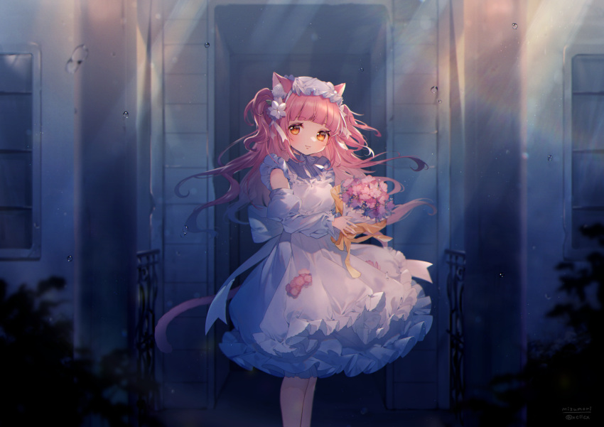 1girl animal_ear_fluff animal_ears artist_name back_bow bare_legs blunt_bangs bouquet bow breasts cat_ears cat_girl cat_tail closed_mouth commentary detached_sleeves dress feet_out_of_frame flower hair_flower hair_ornament holding holding_bouquet indie_virtual_youtuber long_hair long_sleeves looking_at_viewer mizumori_(xcllcx) orange_eyes pink_flower pink_hair pink_tail ribbon small_breasts smile solo tail twitter_username two_side_up virtual_youtuber water_drop white_bow white_dress white_headwear white_ribbon white_sleeves