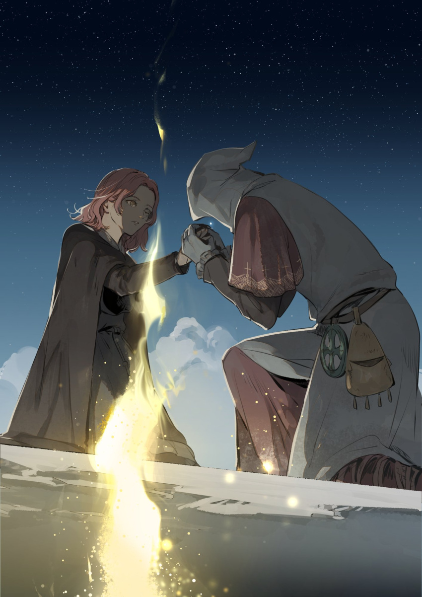 1girl 1other ambiguous_gender astrologer_(elden_ring) black_cape brown_eyes brown_hair cape clouds commentary_request dress elden_ring facial_tattoo forehead gloves grey_dress grey_gloves highres holding_hands hood hood_up hooded_robe kero_1110 long_sleeves melina_(elden_ring) night night_sky on_one_knee one_eye_closed robe short_hair site_of_grace sky star_(sky) tarnished_(elden_ring) tattoo white_robe