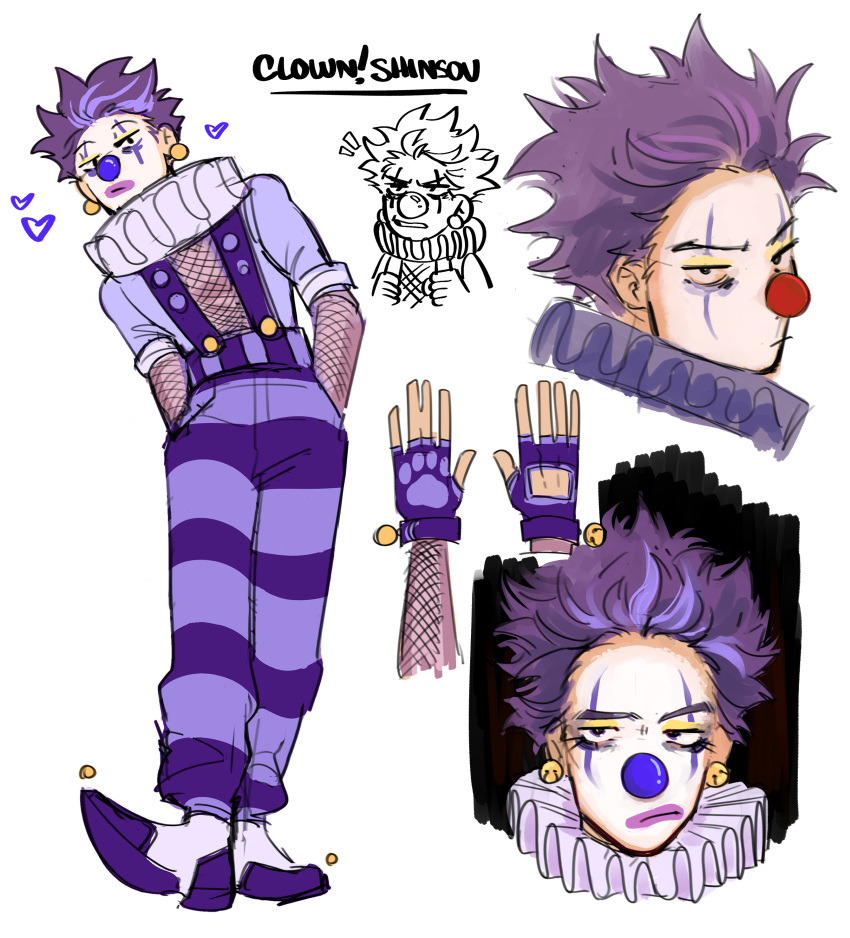 1boy absurdres alternate_costume bell bell_earrings boku_no_hero_academia character_name closed_mouth clown clown_nose commentary earrings english_commentary english_text facepaint fingerless_gloves fishnets full_body gloves habkart hands_in_pockets highres jewelry looking_at_viewer male_focus multiple_views neck_ruff pants purple_footwear purple_gloves purple_hair purple_pants shinsou_hitoshi shoes short_hair simple_background standing striped striped_pants suspenders white_background