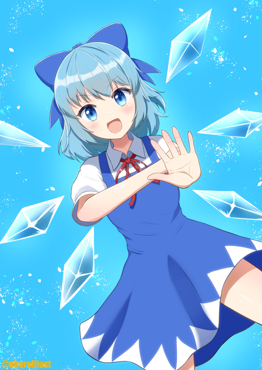 1girl :d bad_id bad_pixiv_id blue_bow blue_dress blue_eyes blue_hair bow breasts cirno collared_shirt dress fairy fairy_wings flat_chest hair_bow hair_ornament hairband hands_up highres ice ice_wings legs_apart light_blue_background neck_ribbon oboroillust open_mouth pinafore_dress puffy_short_sleeves puffy_sleeves red_ribbon ribbon shirt short_hair short_sleeves small_breasts smile touhou wings