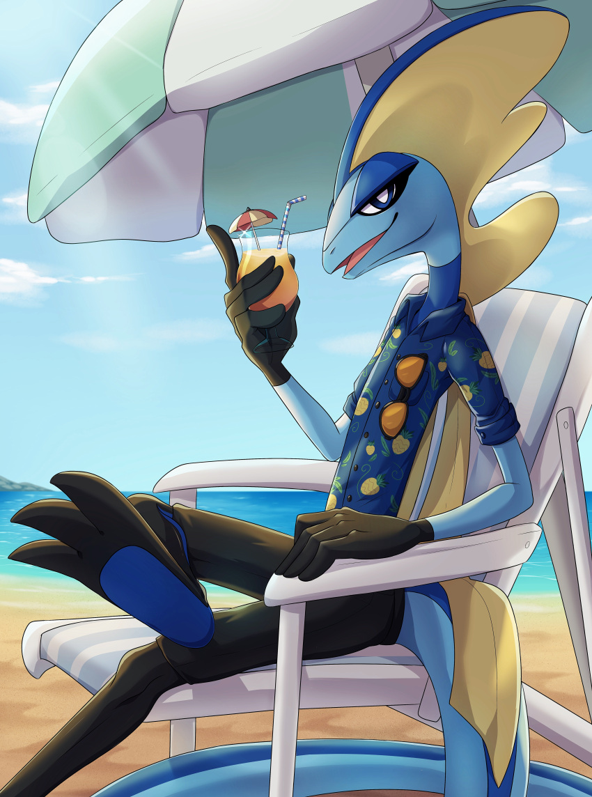 absurdres beach beach_chair beach_umbrella black_gloves blue_shirt blue_sky clothed_pokemon day drink gloves highres inteleon looking_at_viewer midna01 no_humans ocean open_mouth outdoors pineapple_print pokemon pokemon_(creature) relaxing shirt sitting sky solo sunglasses umbrella