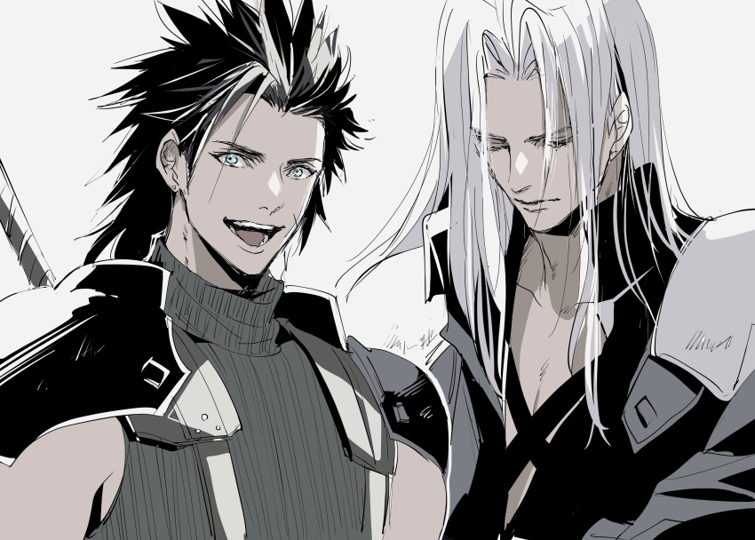 2boys absurdres armor black_hair black_jacket buster_sword chest_strap closed_eyes closed_mouth final_fantasy final_fantasy_vii final_fantasy_vii_remake grey_hair grey_shirt hair_slicked_back highres jacket long_bangs long_hair long_sleeves looking_at_viewer male_focus medium_hair multiple_boys open_mouth parted_bangs scar scar_on_cheek scar_on_face sephiroth shirt shoji_sakura shoulder_armor sleeveless sleeveless_turtleneck smile suspenders turtleneck upper_body weapon weapon_on_back white_background zack_fair