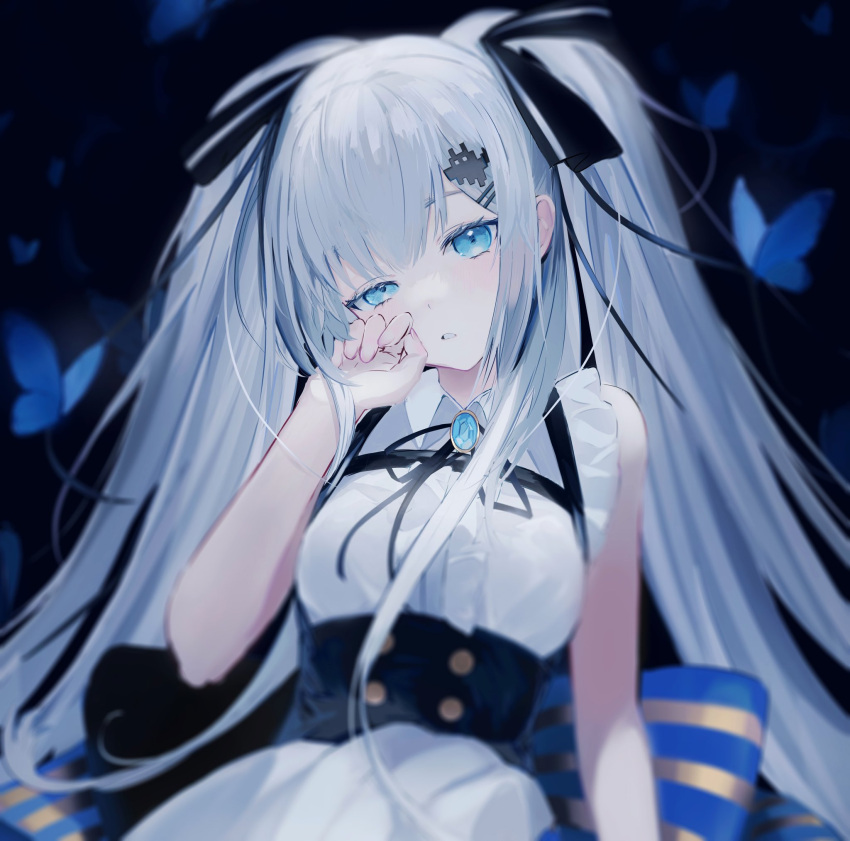 1girl :o bare_shoulders black_ribbon blue_bow blue_butterfly blue_eyes blurry bow breasts bug butterfly commentary commission depth_of_field dress frilled_dress frills hair_ornament hair_ribbon hair_strand half-closed_eyes highres long_hair looking_at_viewer original parted_lips ribbon rubbing_eyes sankichi_(croquette_crab) sidelocks skeb_commission sleeveless sleeveless_dress solo striped striped_bow symbol-only_commentary twintails very_long_hair white_dress white_hair