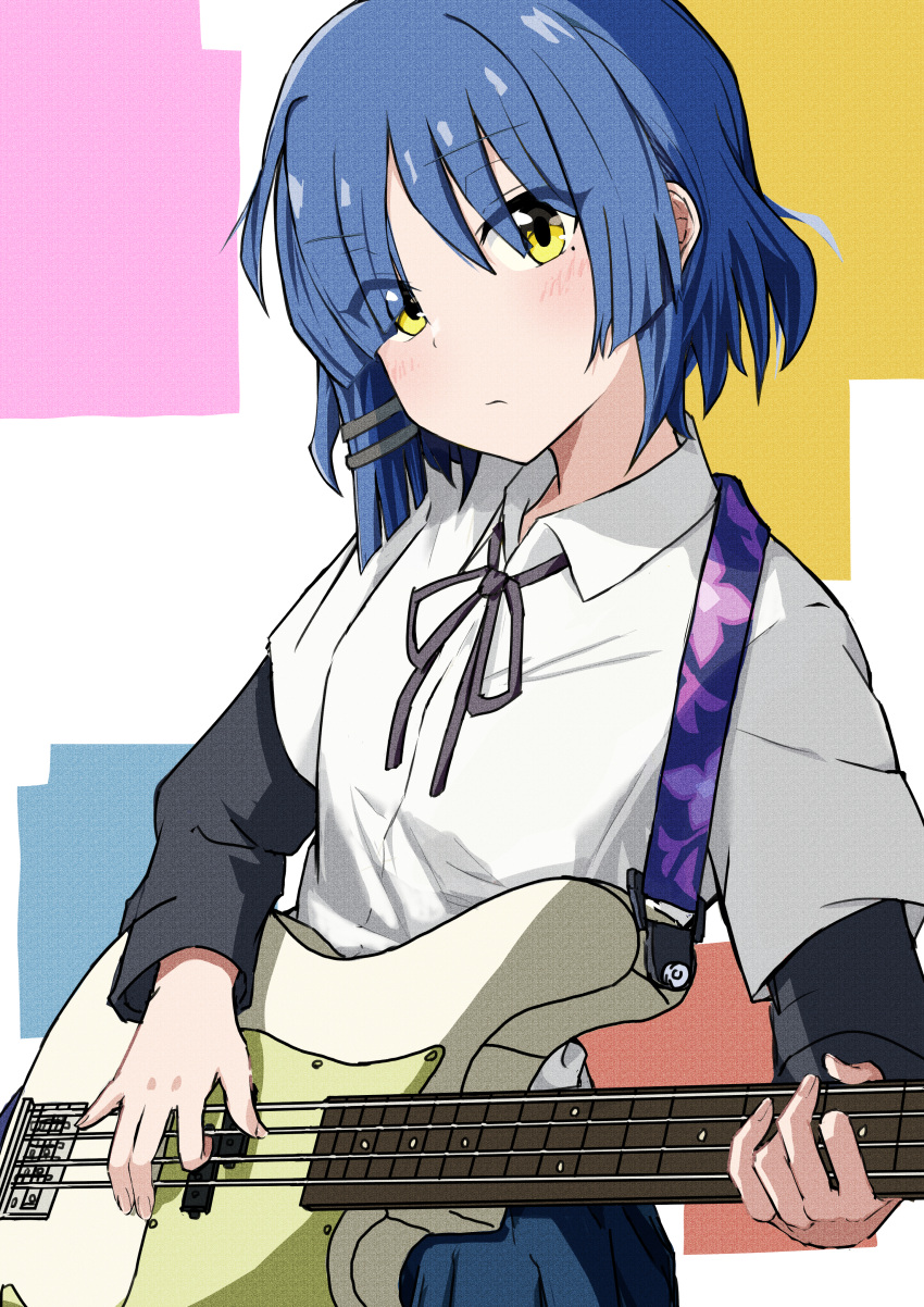 1girl absurdres bass_guitar blue_hair blue_skirt blush bocchi_the_rock! closed_mouth collared_shirt hair_ornament highres holding holding_instrument instrument long_sleeves looking_at_viewer neck_ribbon ribbon shirt skirt solo titi_oekaki upper_body white_shirt wing_collar yamada_ryou yellow_eyes