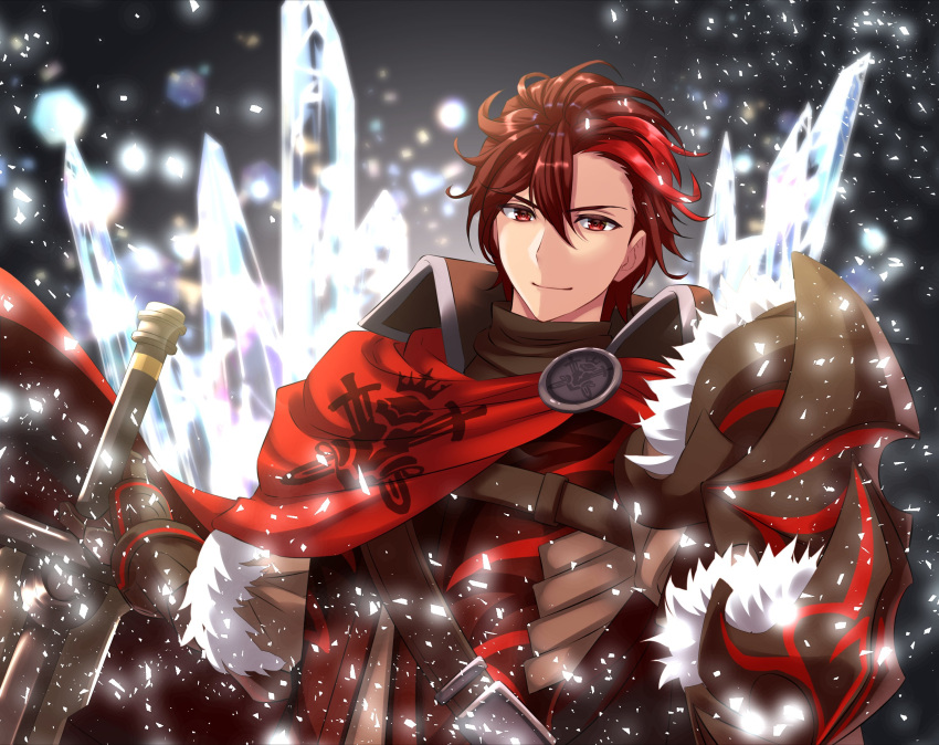 1boy armor asymmetrical_armor buckle closed_mouth diamant_(fire_emblem) fire_emblem fire_emblem_engage fur_trim hair_between_eyes high_collar highres holding holding_sword holding_weapon kakiko210 looking_at_viewer male_focus red_eyes redhead short_hair solo sword turtleneck weapon