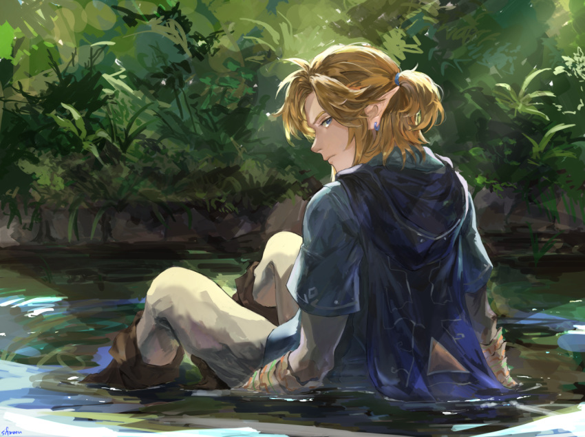 1boy blue_eyes blue_tunic boots commentary earrings foliage in_water jewelry leather leather_boots light_brown_hair link nature pants pointy_ears short_ponytail sitting the_legend_of_zelda the_legend_of_zelda:_breath_of_the_wild toroyuri water white_pants