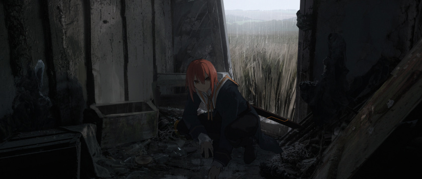 1girl abandoned absurdres asteroid_ill black_footwear black_pants blue_coat bottle building coat collared_shirt crate day dilapidated field grey_sky hair_between_eyes highres indoors long_sleeves looking_to_the_side medium_hair neckerchief open_mouth optic_nerve_(asteroid_ill) original overgrown pants rain redhead rubble ruins sailor_collar scenery shirt shoes sleeves_past_wrists solo squatting sword sword_on_back tall_grass teeth trash weapon weapon_on_back white_sailor_collar white_shirt wooden_beam wrist_cuffs yellow_eyes yellow_neckerchief