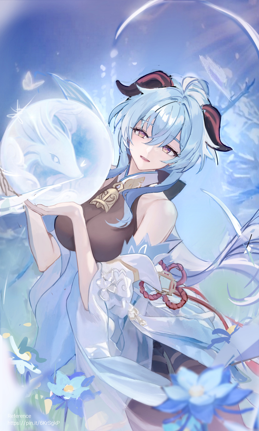 1girl absurdres ahoge alternate_costume bare_shoulders bell blue_flower blue_hair breasts detached_sleeves flower ganyu_(genshin_impact) genshin_impact glaze_lily highres horns long_hair looking_at_viewer medium_breasts neck_bell nizway no_gloves open_mouth orb qilin_(mythology) sidelocks smile solo tassel violet_eyes vision_(genshin_impact) white_sleeves