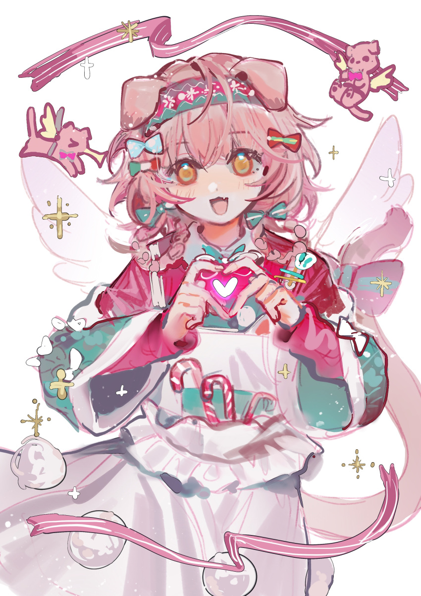 1girl :3 :d absurdres animal_ears apron arknights blue_bow blush bow braid cat_ears cat_girl cat_tail christmas cowboy_shot fang floppy_ears floral_print flower goldenglow_(arknights) goldenglow_(night_loving_servant)_(arknights) green_hairband hair_bow hairband happy heart heart_hands highres instrument italian_flag_print liangban_xiexu long_sleeves looking_at_viewer official_alternate_costume open_mouth pink_hair pink_ribbon poinsettia print_bow print_hairband red_bow red_hairband red_shirt ribbon shirt smile solo tail trumpet two-tone_hairband white_apron yellow_eyes