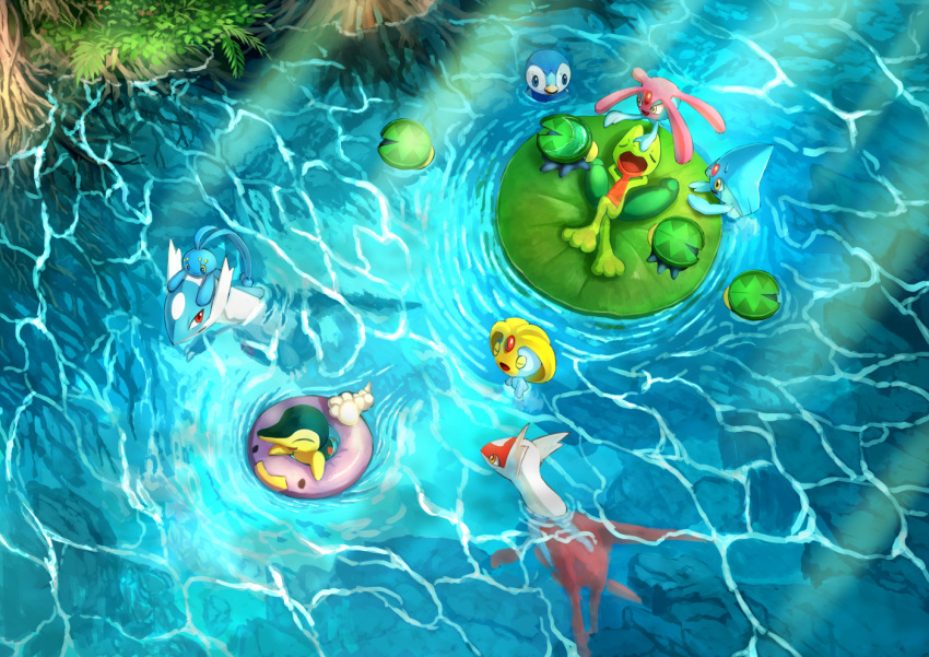 azelf caustics closed_eyes cyndaquil innertube karamimame latias latios lily_pad lotad lying manaphy mesprit nature no_humans on_back open_mouth outdoors piplup pokemon river roots sunlight swimming treecko uxie water