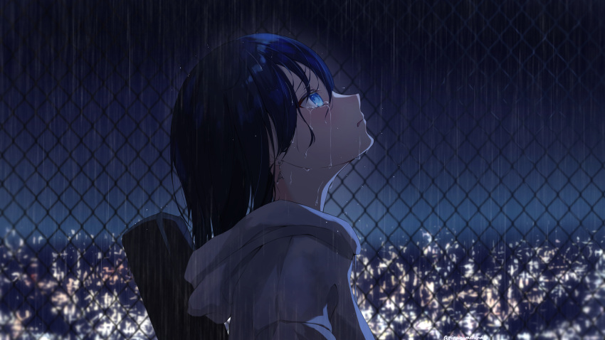 1girl absurdres blue_eyes blue_hair chain-link_fence crying crying_with_eyes_open dark_blue_hair drawstring earrings fence from_side grey_hoodie highres hood hood_down hoodie instrument_case jewelry looking_up minazumi_souka night original parted_lips rain solo tears twitter_username wet