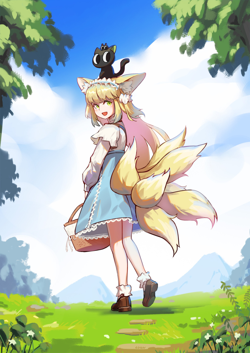 absurdres animal_ear_fluff animal_ears ankle_socks arknights artist_name basket black_cat blonde_hair blue_hairband blue_skirt bobby_socks brown_footwear cardigan cat chinese_commentary commentary fox_ears fox_girl fox_tail frilled_hairband frills green_eyes hair_ornament hair_scrunchie hairband heixiu highres holding holding_basket kitsune kyuubi long_hair long_sleeves looking_back luoxiaohei multicolored_hair multiple_tails neck_ribbon official_alternate_costume on_head open_mouth outdoors puffy_long_sleeves puffy_sleeves red_ribbon ribbon scrunchie shoes skirt socks spring_(season) stitches suzuran_(arknights) suzuran_(spring_praise)_(arknights) tail the_legend_of_luo_xiaohei two-tone_hair white_cardigan white_hair white_socks zhuliang1984