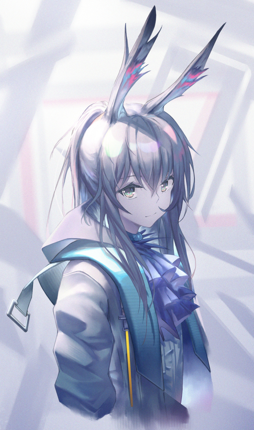 1girl abstract_background absurdres amiya_(arknights) animal_ears arknights ascot black_jacket blue_ascot blue_collar blue_eyes brown_hair collar hair_between_eyes highres jacket jewelry long_hair long_sleeves looking_at_viewer neck_ring open_clothes open_jacket pine50 ponytail rabbit_ears rabbit_girl shirt sidelocks solo upper_body white_shirt