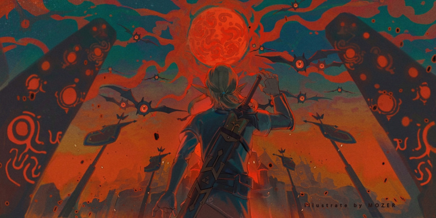 1boy blue_tunic from_behind keese light_brown_hair link moon mozer_(zerlinda) pillar pointy_ears red_moon short_ponytail sky sword sword_on_back the_legend_of_zelda the_legend_of_zelda:_breath_of_the_wild weapon weapon_on_back